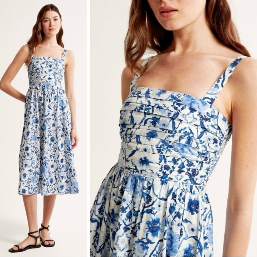 Abercrombie & Fitch Emerson Poplin Wide Strap Midi Dress Floral Blue